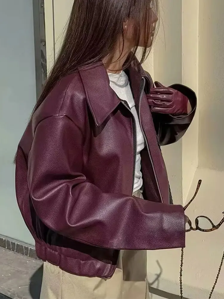 HH Wine Red Faux Leather Jakcet Fashion Outerwear Thicken Zipper Lapel Pu Coats Autumn Winter Streetwear Ladies Tops Women