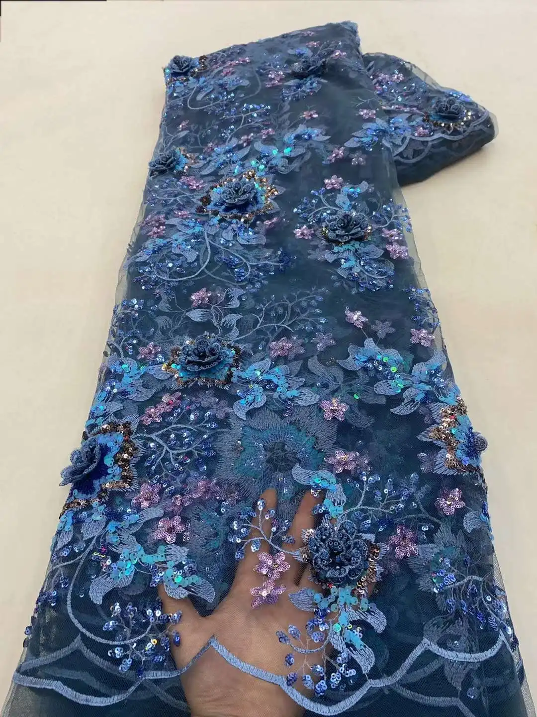 

Pretty Beads Floral 3D Embroidery Party Dress Fabric Sequined French Tulle net Beads African lace For Evening Dresses Weddings