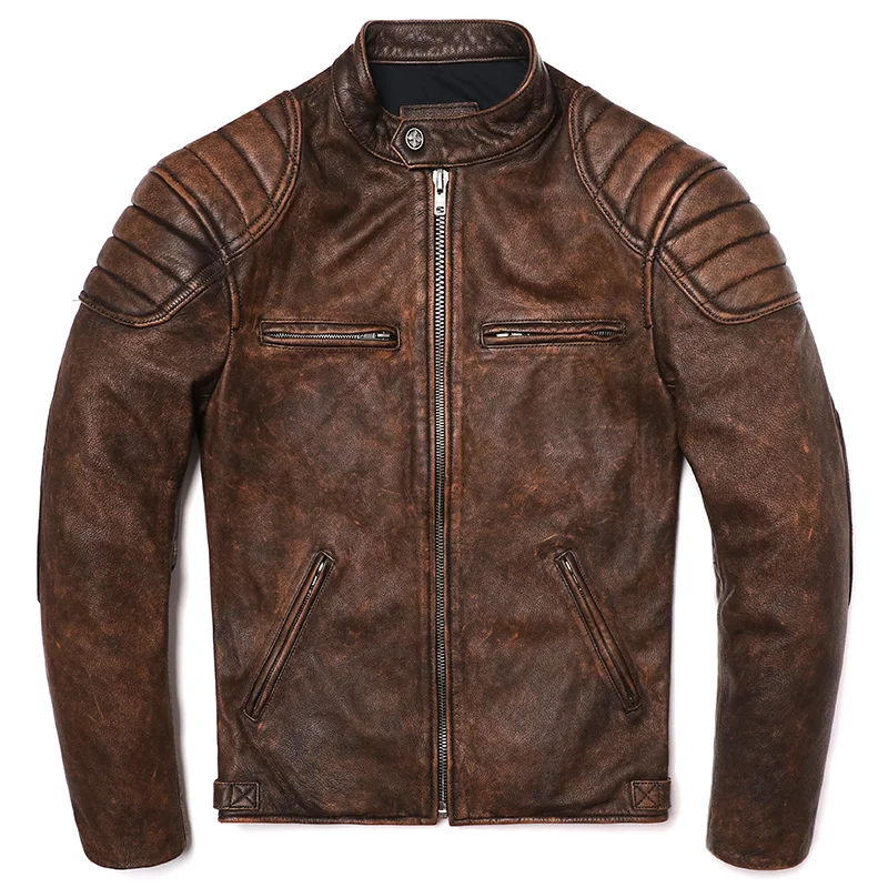 Vintage Camel Yellow Genuine Leather Men Motorcycle Biker Jacket Real Natural Cowhide Mens Slim Calf Skin Coat men leather jacket