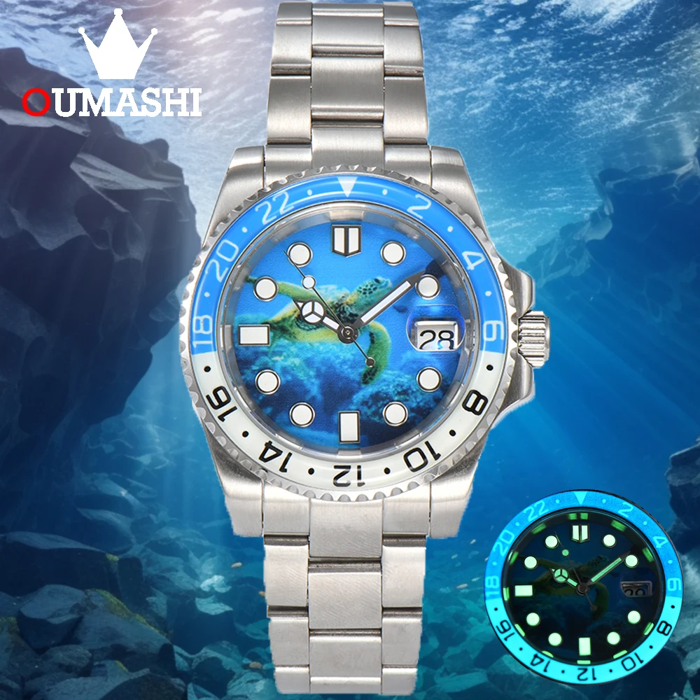 

OUMASHI 40mm Turtle Night Full Night Glow Bezel Men's Automatic Mechanical Watch NH35A Stainless Steel Sapphire Glass