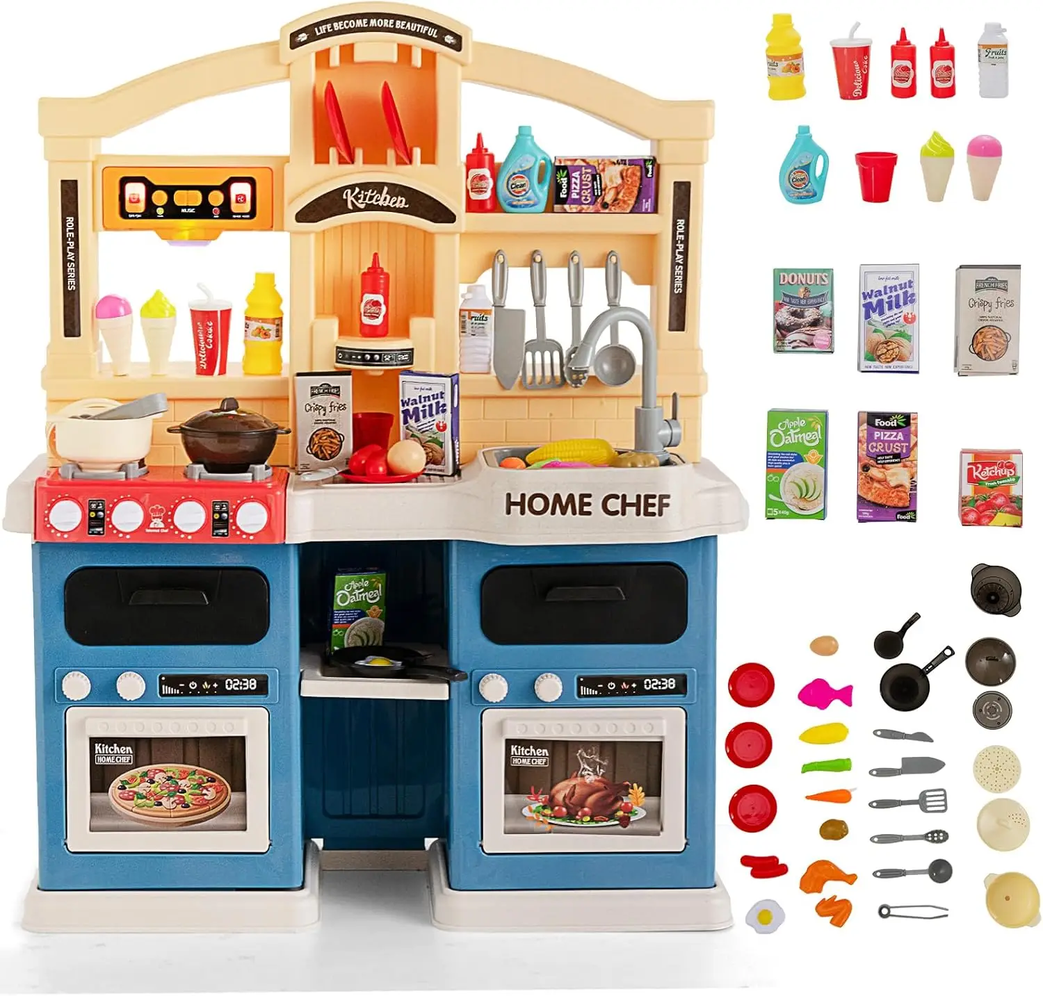 69-Piece Children's Kitchen with Lights & Steam & Music & Sound, Play Kitchen with Accessories, Children's Play Kitchen