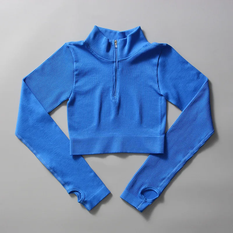 

Women's Shirt Seamless Crop Top Fitness Shirts Long Sleeve Sports Top Woman Front Zipper Yoga Tops Activewear With Thumb Hole