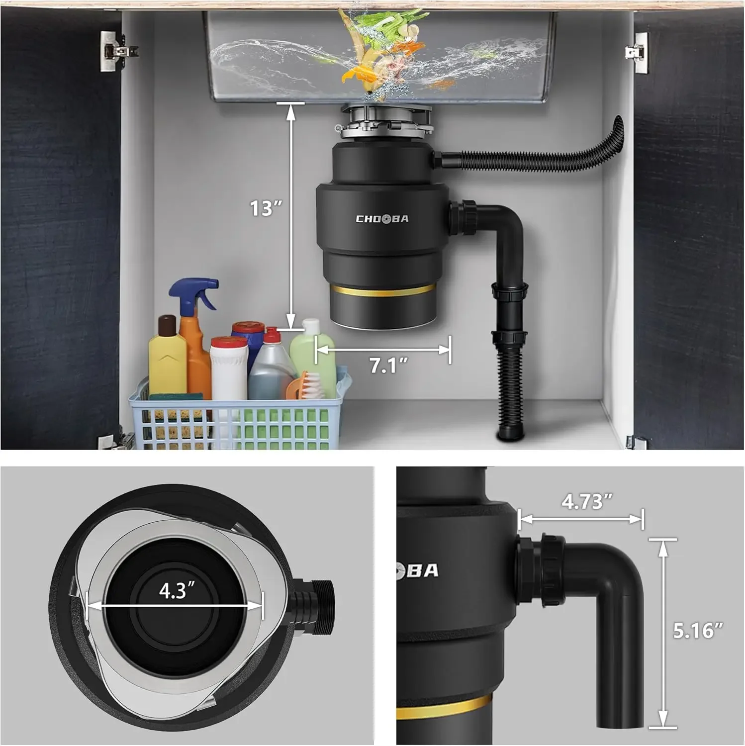 Food Waste Disposal Continuous Feed, Kitchen Garbage Disposal with Dishwasher Connection & Plug, Power Cord Included, Matte Blac 6