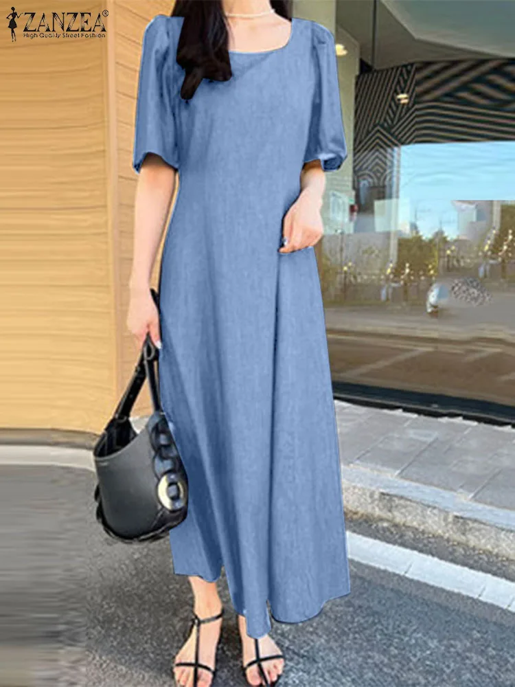 

ZANZEA Fashion Street Dress Denim Woman Casual Long Sundress Summer Square Collar Short Sleeve Dresses Female OL Office Vestidos