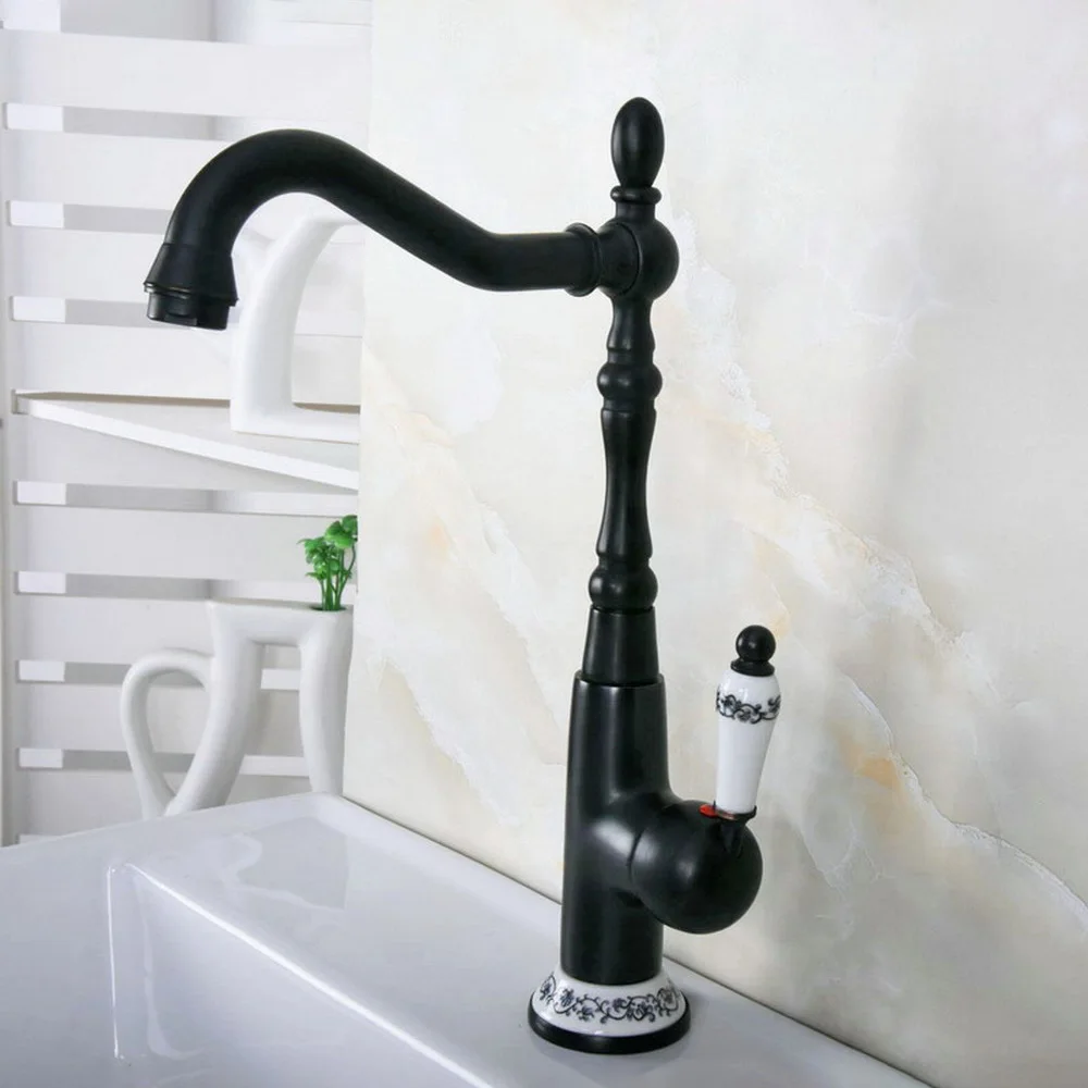 

Black Kitchen Bathroom Sink Basin Faucet Single Handle Hole Deck Mounted Oil Rubbed Bronze Swivel Spout Mixer Taps tnf650