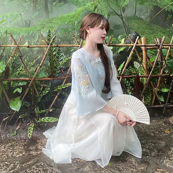 

2024 retro chinese style improved qipao two-piece set exquisite floral embroideried round neck top graceful fairy gauze skirt