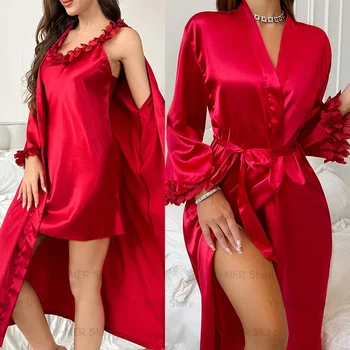 Red Kimono Robe Set Sexy Lace Ruffles Long Bathrobe Gown Women Satin Sleepwear Long Sleepwear Lingerie Spring Summer New