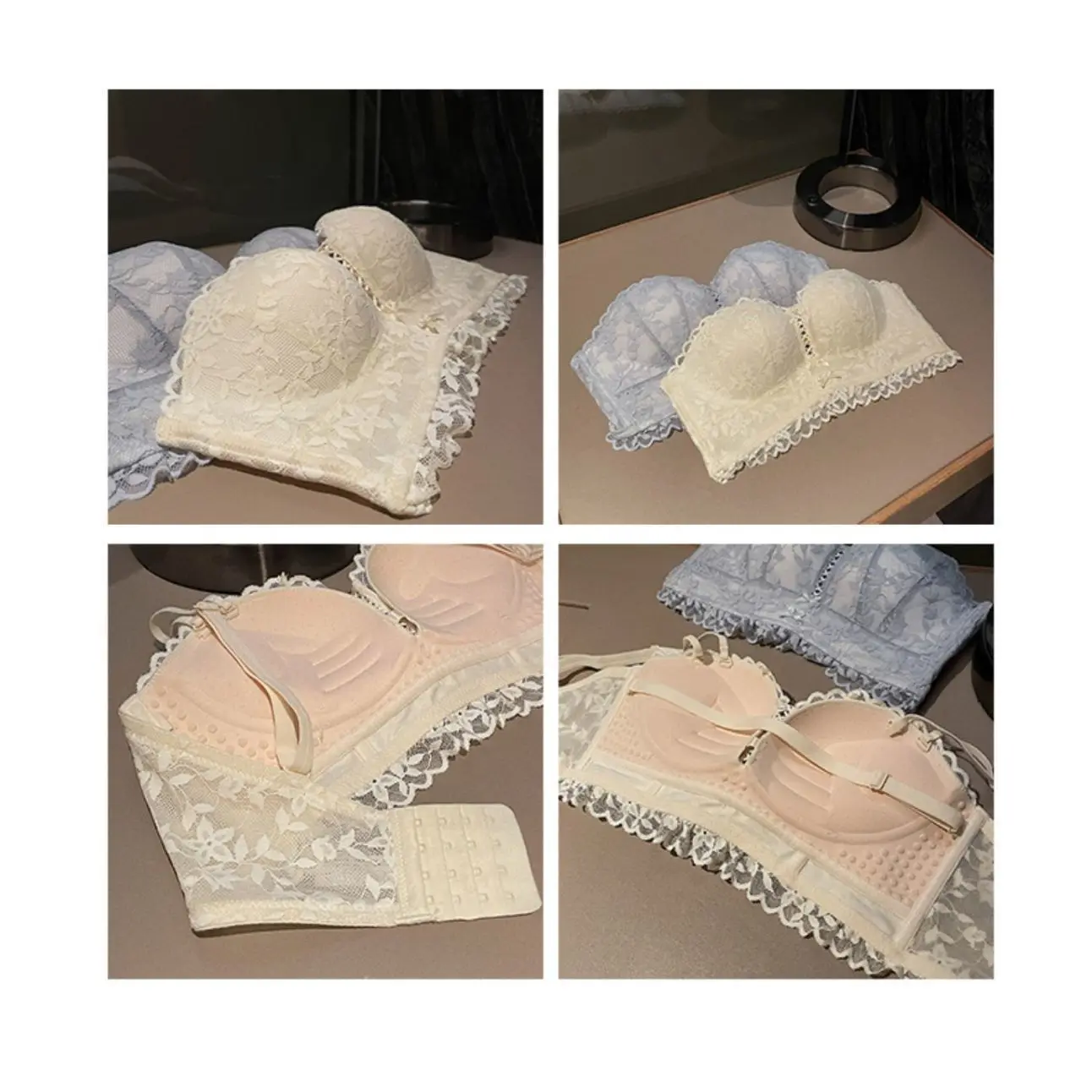 Sexy Lace Bra & Brief Set Women Underwear Wire Free Deep V Lingerie Small Chest Gather Panties Bra Sets Girl Seamless Bralette