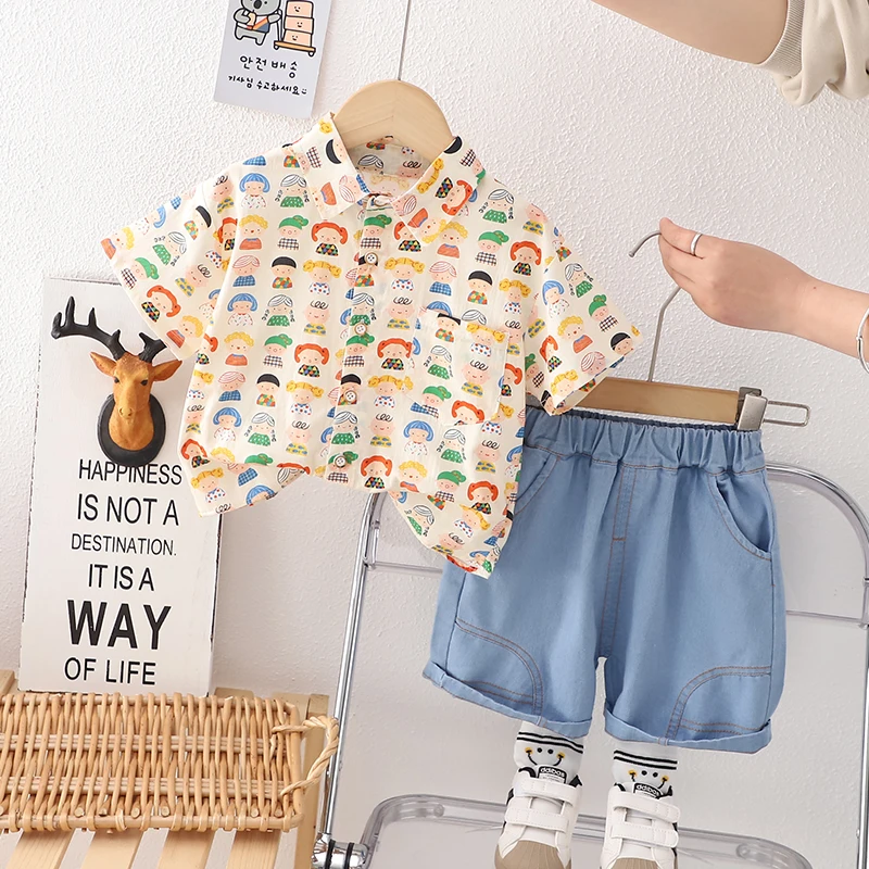 

New Summer Casual Baby Boy Clothes flower print Shirt Tops Pants 2Pcs/sets Cotton Kids Toddler Newborn Outfits Clothing suit