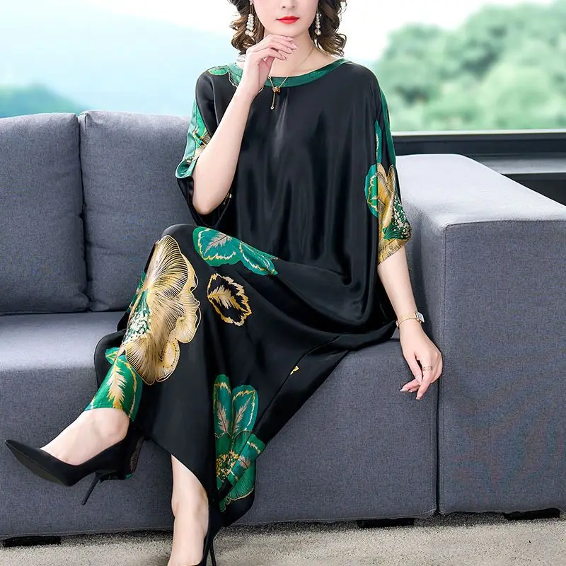 

Casual Loose Vintage Floral Printed Long Dress Folk Women's Clothing Straight All-match Patchwork Summer Short Sleeve Dresses