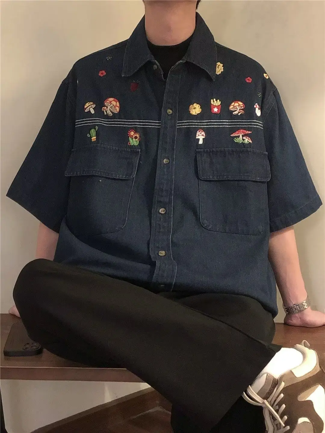 Hong Kong style fun embroidered denim shirt workwear short-sleeved shirt loose lapel ins shirt American retro summer new style elmsk new hong kong style straight tube loose multi pocket workwear pants for men s outdoor sports large casual stretch retro lo