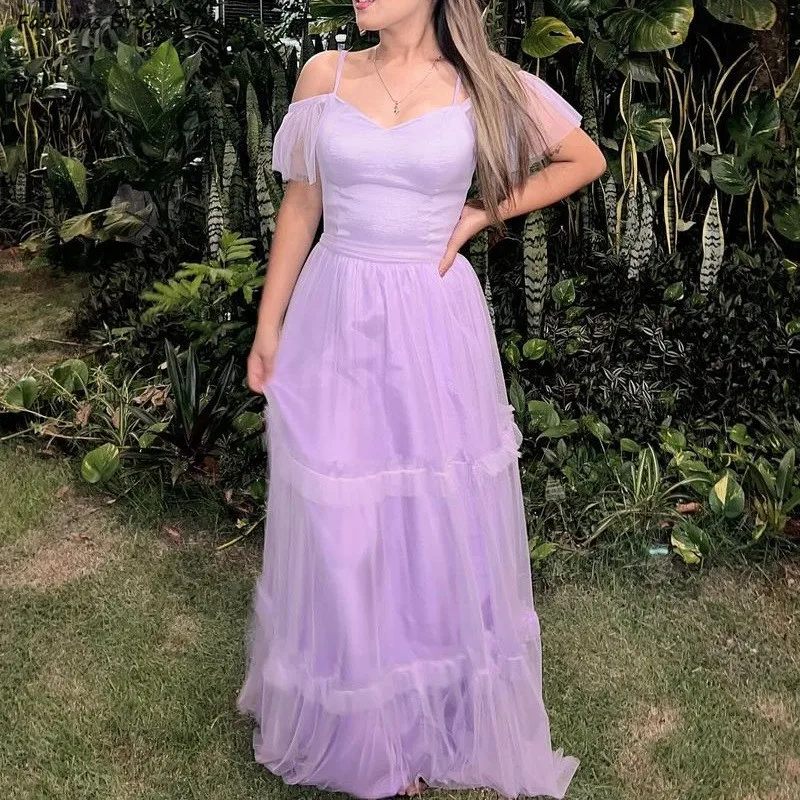 

Formal Lavender A-line Bridesmaid Dresses Long Tiered Off Shoulder Spaghetti Strap Wedding Party Dress V-neck Backless Prom Gown