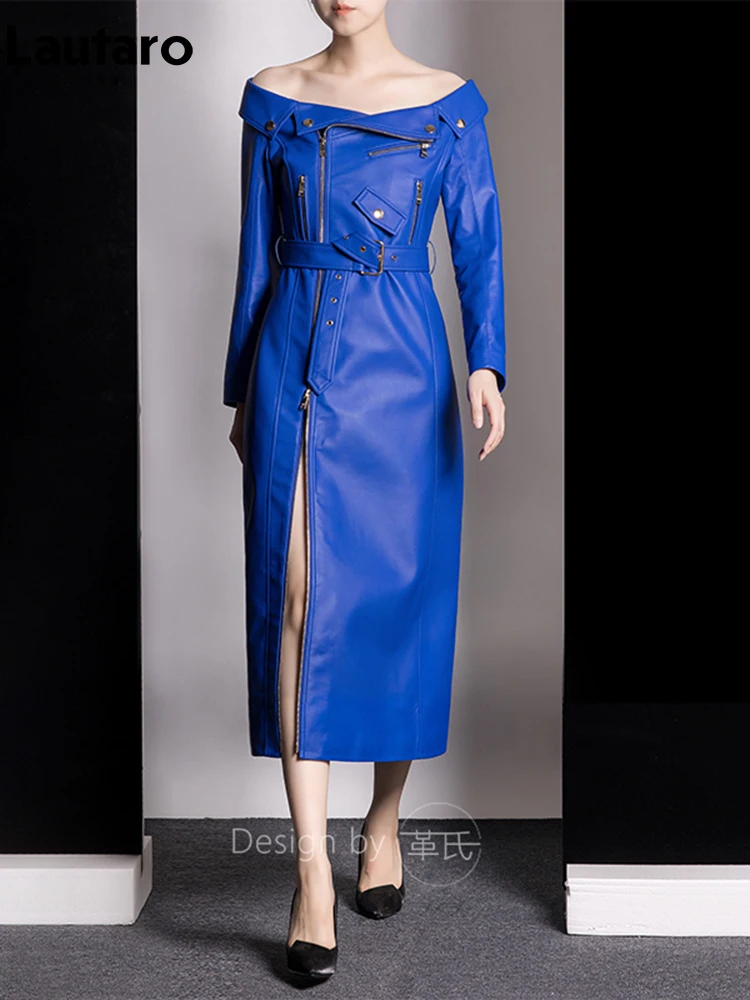 Lautaro Spring Autumn Cool Blue Pu Leather Maxi Biker Dress Women Zipper  Belt Off Shoulder Elegant Luxury Designer Clothing 2023 - AliExpress  200000345