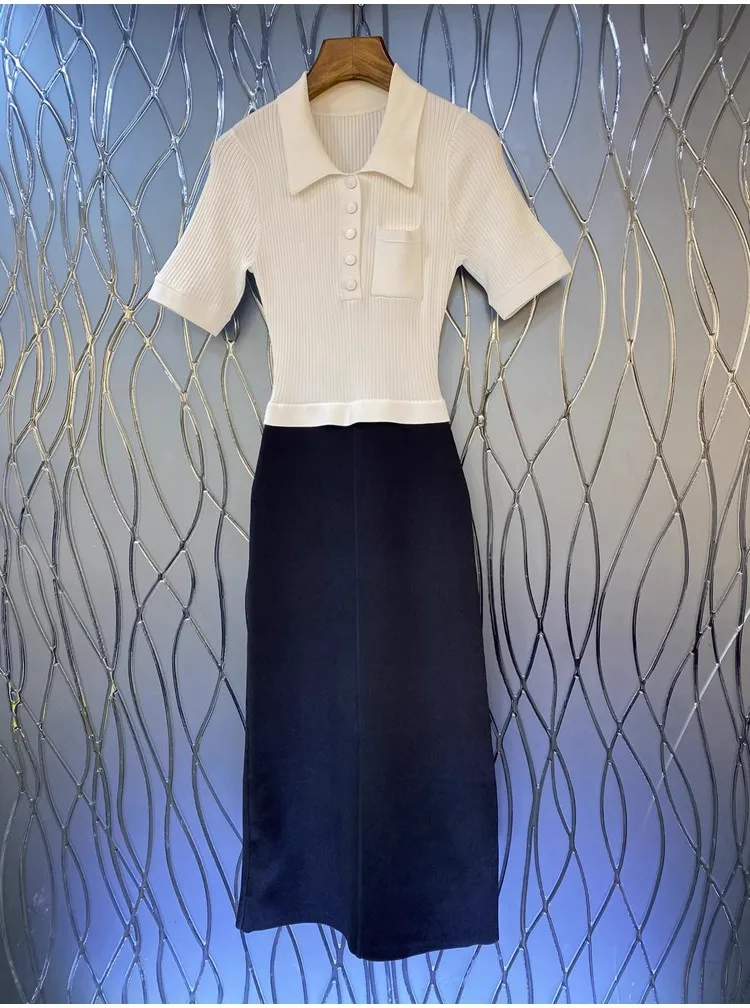 

High Quality Knitted Dress 2023 Autumn Style Women Turn-down Collar Color Block Knitting Short Sleeve Casual Sweater Dress