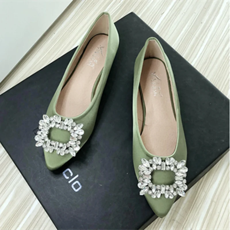 

Women Green Blue Shoes Silk Null Plain Flats Pointed Toe Slip-On With Crystal Buckle Shallow Mouth Cute Retro Tacons 32-48 28cm