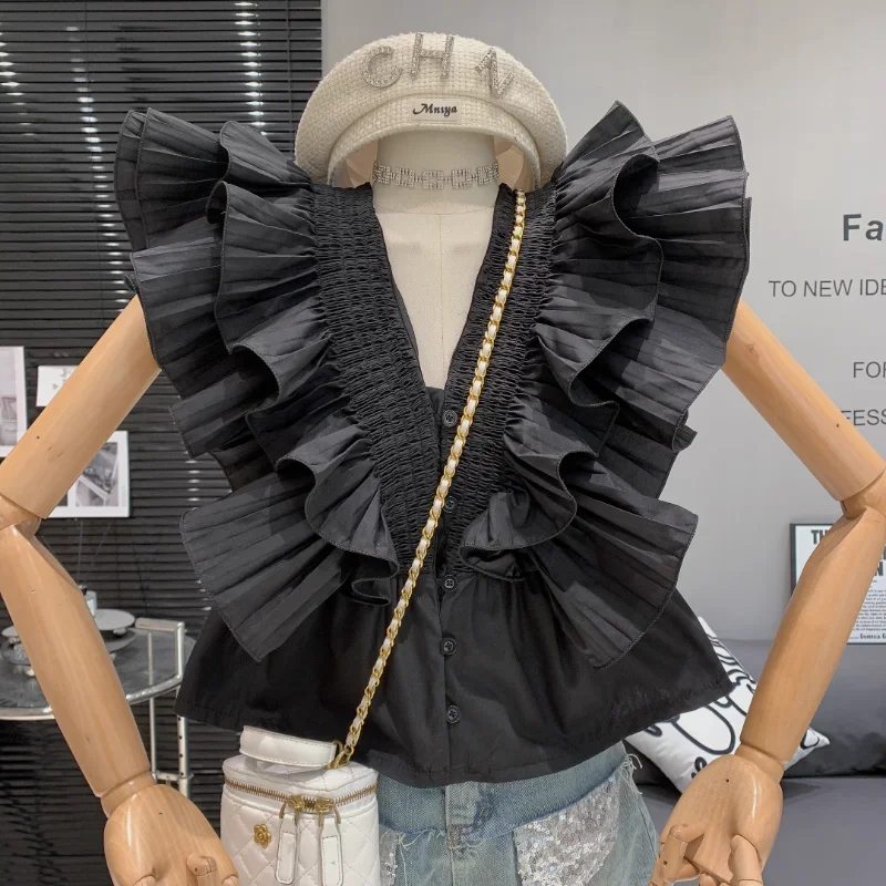 Sexy Red V Neck Blouse Layered Ruffled Sleeveless Chiffon Shirt 