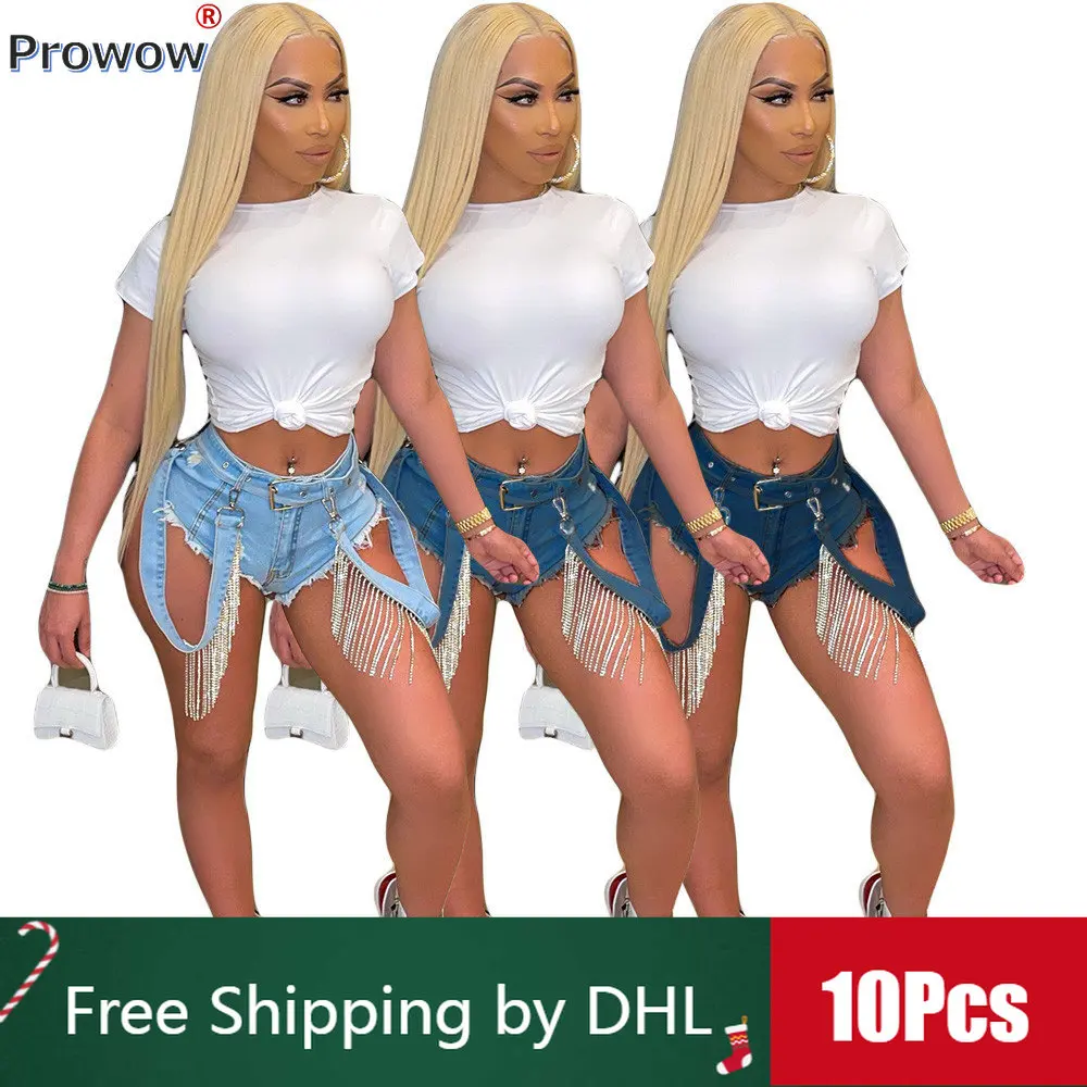 

10 Pcs Bulk Women Jean Shorts Summer Sexy Rhinestone Tassel Denim Booty Shorts 2023 Suspenders Lady Short Jeans Wholesale 9320