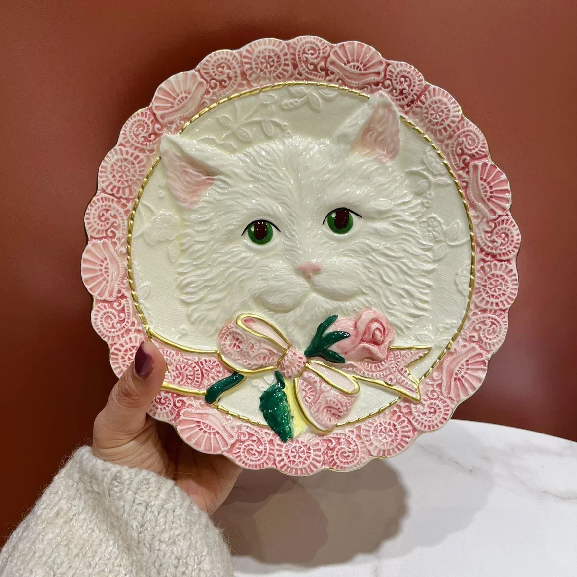 European-Style Manual Painting Golden Cat Ceramic Wall-Plate Advanced Home Desktop Wall Decoration Kakeban Soft Decoration