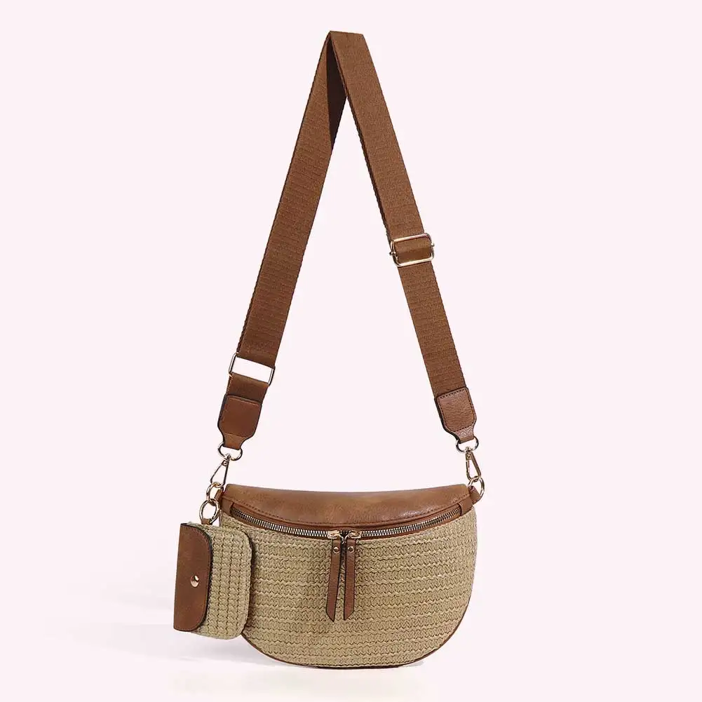PU Leather Trendy Shoulder Bag Solid Color Metal Stud Waist Bag Large Capacity Stylish Straw Chest Bag Seaside Trip Beach Bag