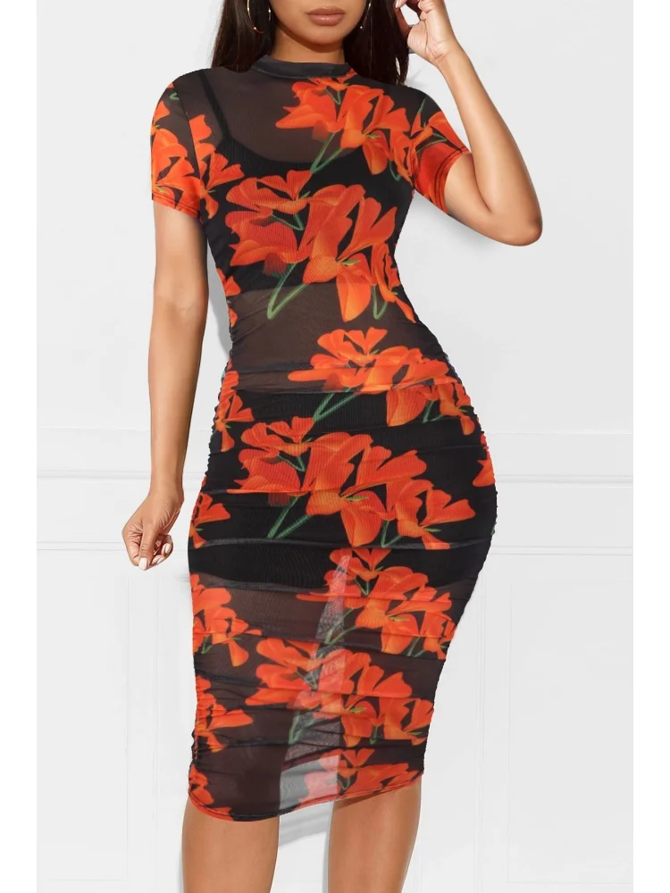 Wmstar 2025 New Women Fashionable Elegant Dress Printed Net Sexy Dress Short Sleeve Flower Pattern Knee Length Dress
