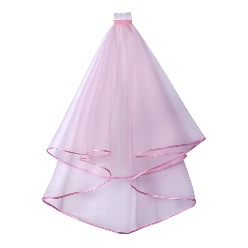 Women Short Wedding Veil Double Layer Mesh Tulle Solid Color Comb Ribbon Edge Center Cascade Bride Party Headpiece Bridal Veil
