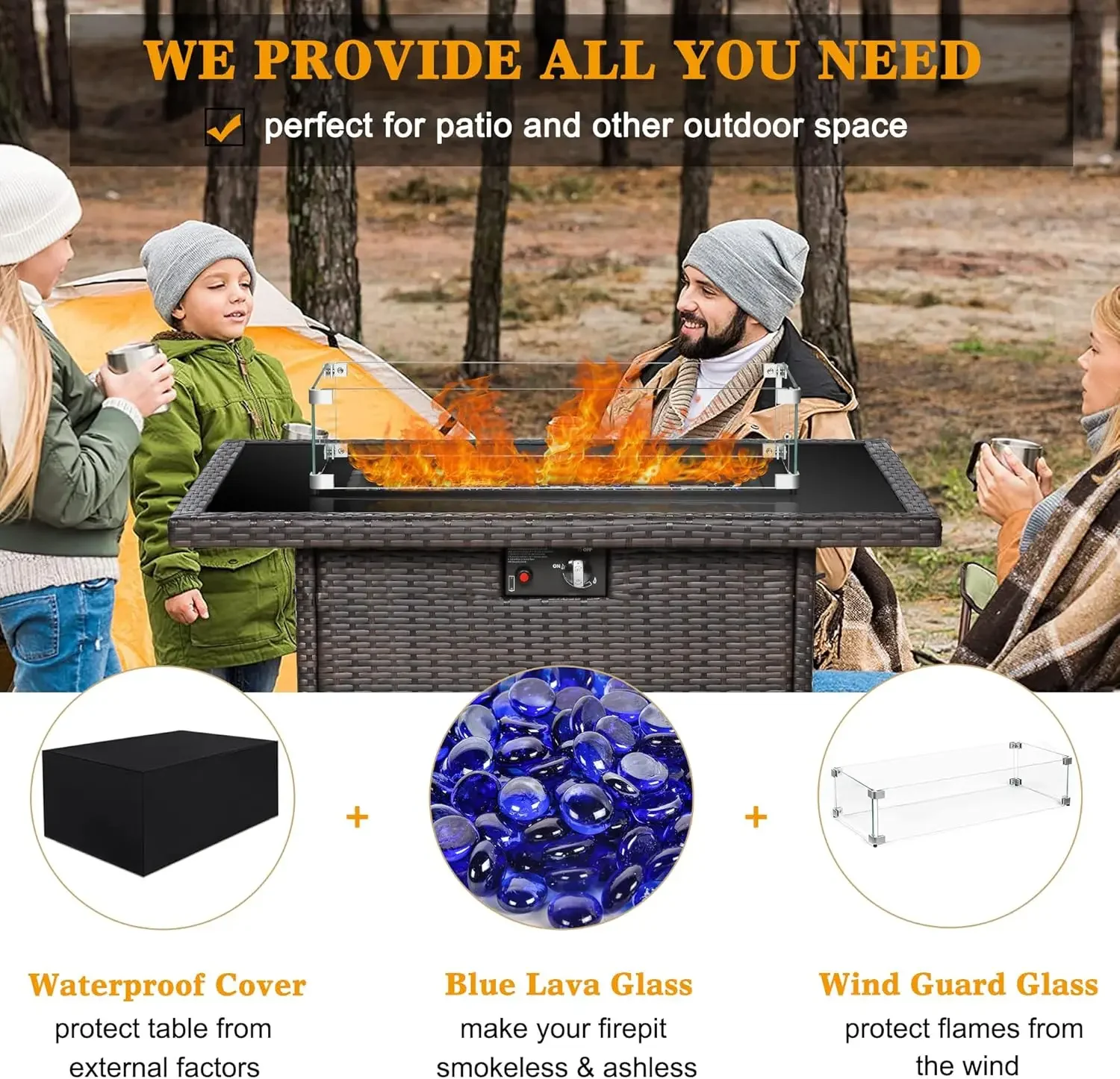44" Propane Gas Fire Pit Table with Glass Wind Guard, 55,000 BTU 5