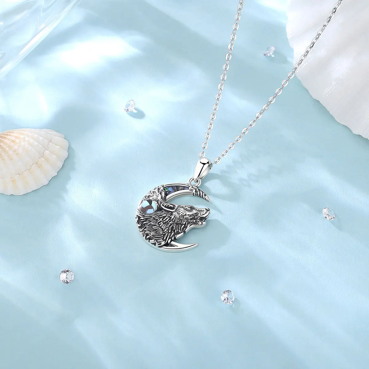 Eudora 925 Sterling Silver Wolf on the Moon Necklace Moonstone Wolf Pendant Animal Series Jewelry for Warriors Men'women Gift