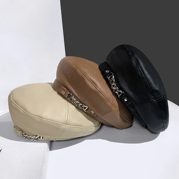 Vintage Women Beret Solid Beret Cap Pu Leather Chain Beret French Artist Warm Beanie Hat Female Ladies All-Match Adjustable Hat 2