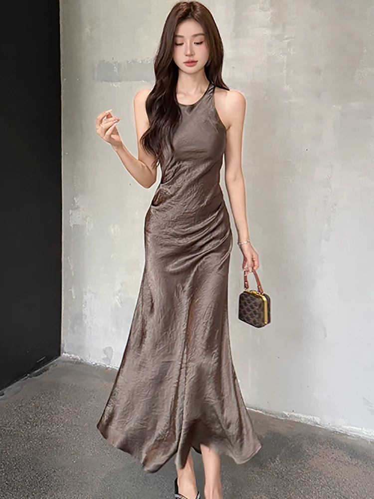 Summer Pleated Acetate Satin Chic Ruffled Long Dress Women Elegant  Neck-mounted Luxury Dress 2026 Korean Vintage Bodycon Dresses - AliExpress  200000345