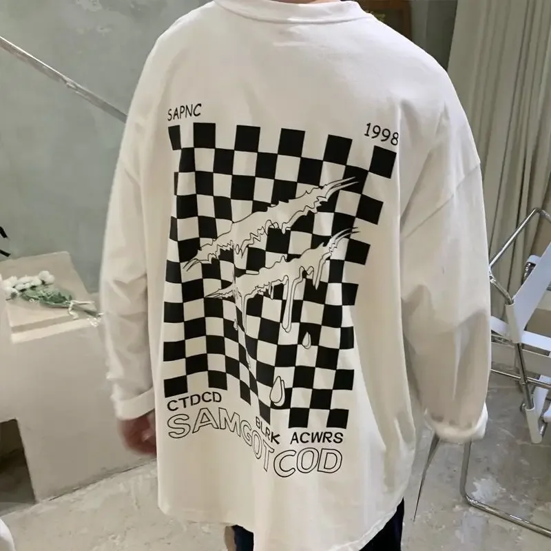 thumbnail image 1 of Camiseta a cuadros de gran tamaño para hombre, jersey de cuello redondo, sudaderas coreanas de gran tamaño, diseñador original, nueva ropa para hombre, 1 of 4