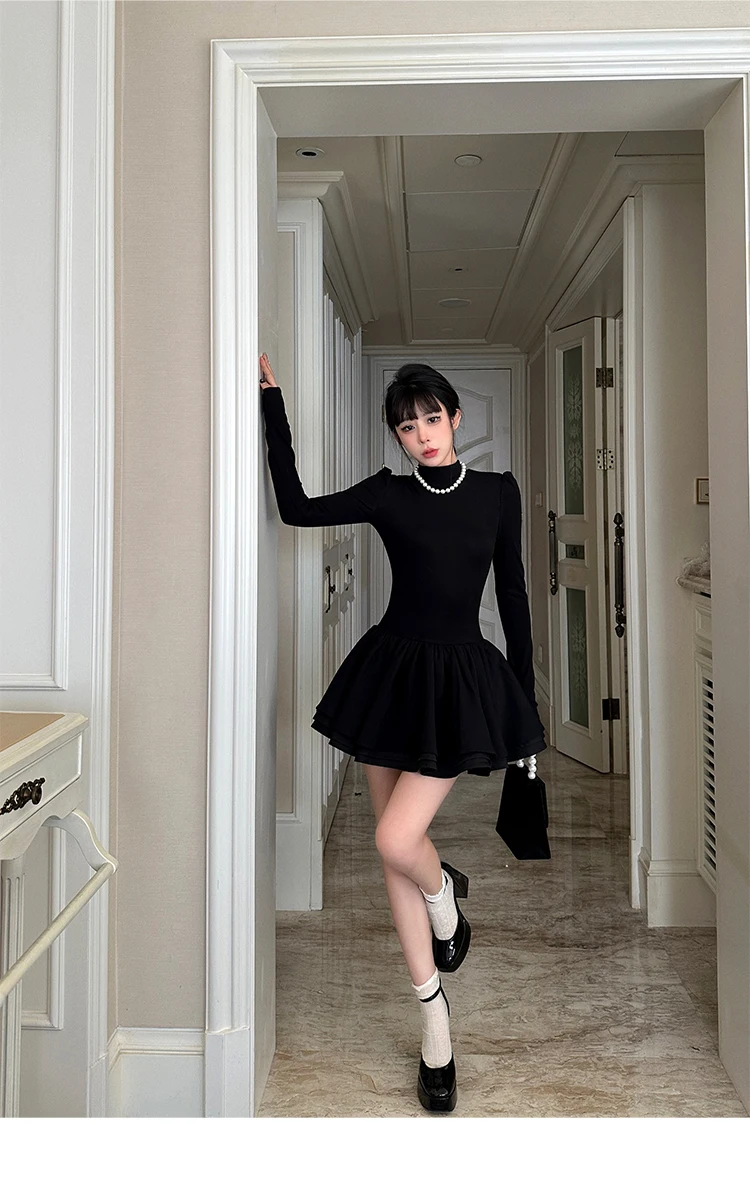 Elegant Solid Knitted Dress Women Long Sleeve Half High Collar A-line Mini Dresses Autumn Winter Birthday Party Vestidos Trend