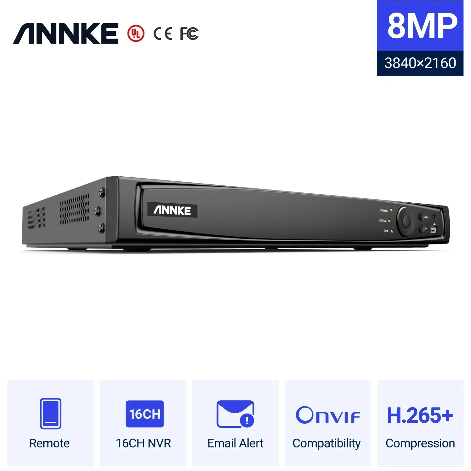 ANNKE 16채널(NVR) 모션 감지 기능, 2개의 SATA 포트, H.265 (PoE) 4K 울트라 HD 및 스마트 재생 녹화 기능 탑재