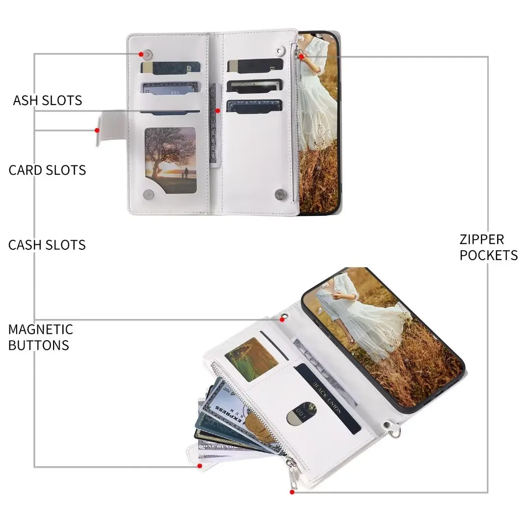 Fashion Zipper Wallet Case For Xiaomi Mi CC9E Flip Cover Multi Card Slots Cover Phone Case Card Slot Folio with Wrist Strap