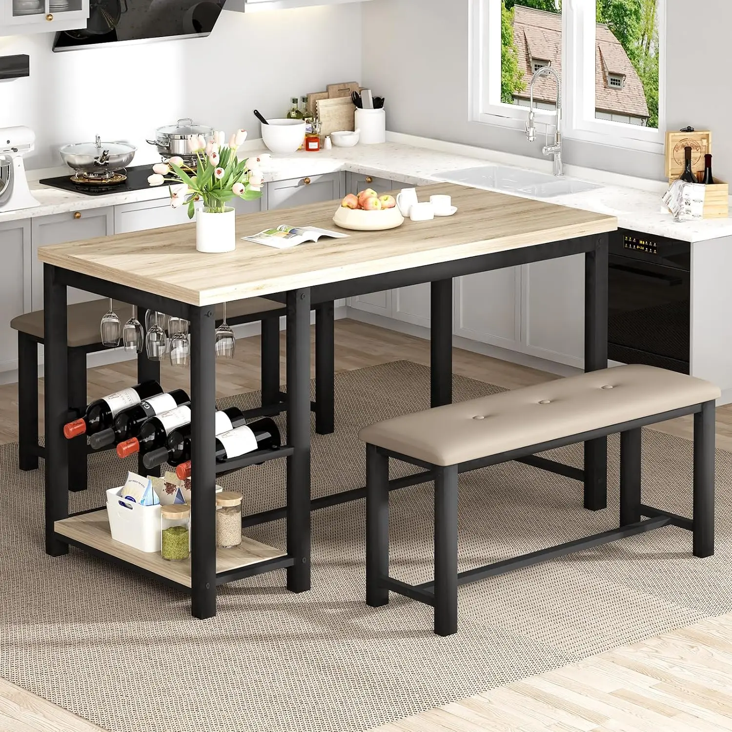 Dining Table Set for 2-4, Small Kitchen Table with Wine Rack & Storage Shelves & Wine Glass Holder, Room Dinner Table