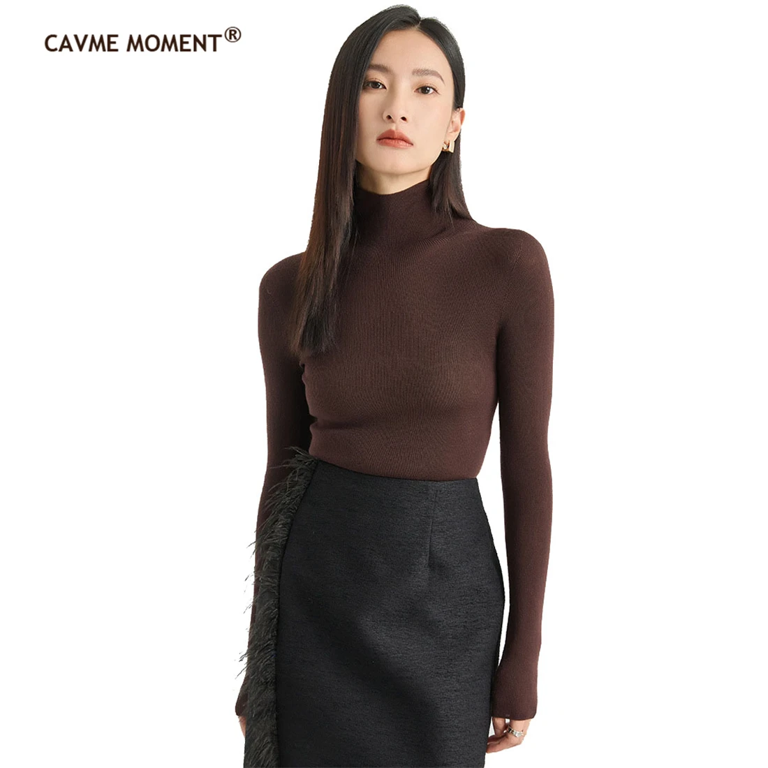 

CAVME 2024 Elegant Elastic Basic Solid Color Slim Long Sleeve Pure Wool Turtleneck Pullover for Women