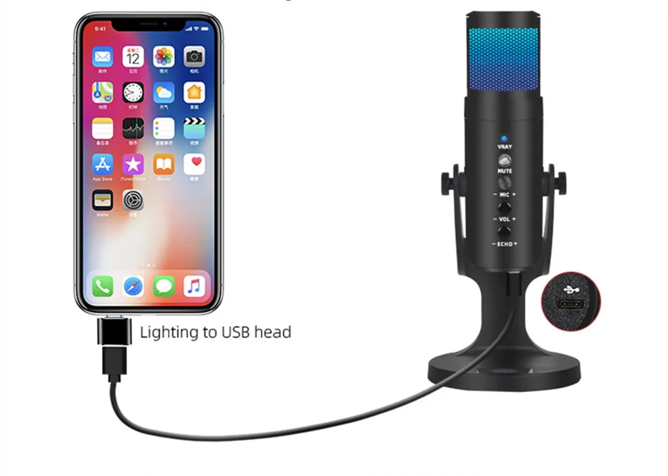 Type C Lightning USB Condenser Microphone For Phone PC Live Karaoke Recording PS4 Game Microphone With Sound Card RGB Light 