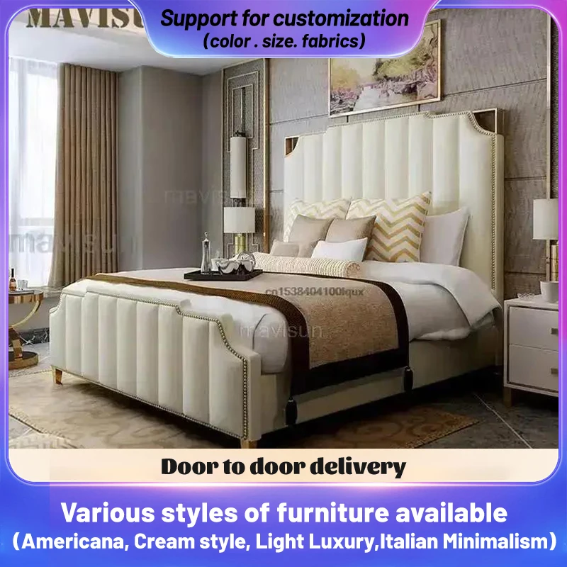 Leather Bed Wooden Bed Light Luxury Double Bed For Bedroom High-end Furniture For Villa With Storage White Leather King Size Bed With 2 Nightstands