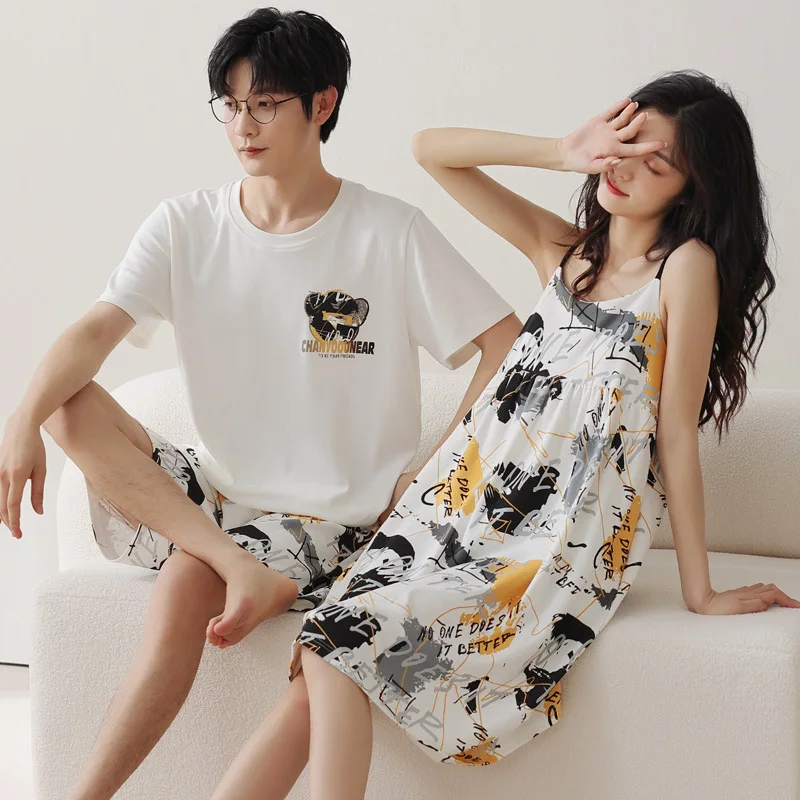 Korean Cotton Short Couple Pajamas Suit Cartoon Print Casual Daily Sleepwear Summer Shorts Women Men Homewear Mujer Hombre