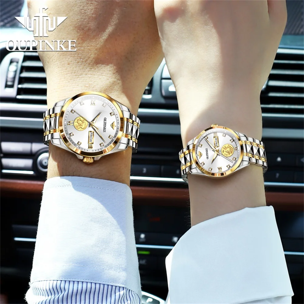 OUPINKE 3259 New Real Gold Dragon Phoenix Mechanical Watch For Men Women Dual Calendar Stainless Steel Top Brand Couple Watches