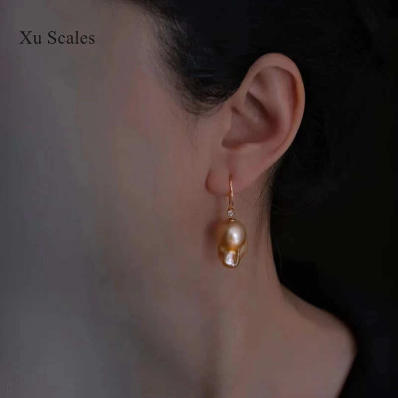 

100% Natural Fish Tail Irregular Pearl Gold Orange Baroque Earrings S925 Sterling Silver Zircon Earhook Special Gift