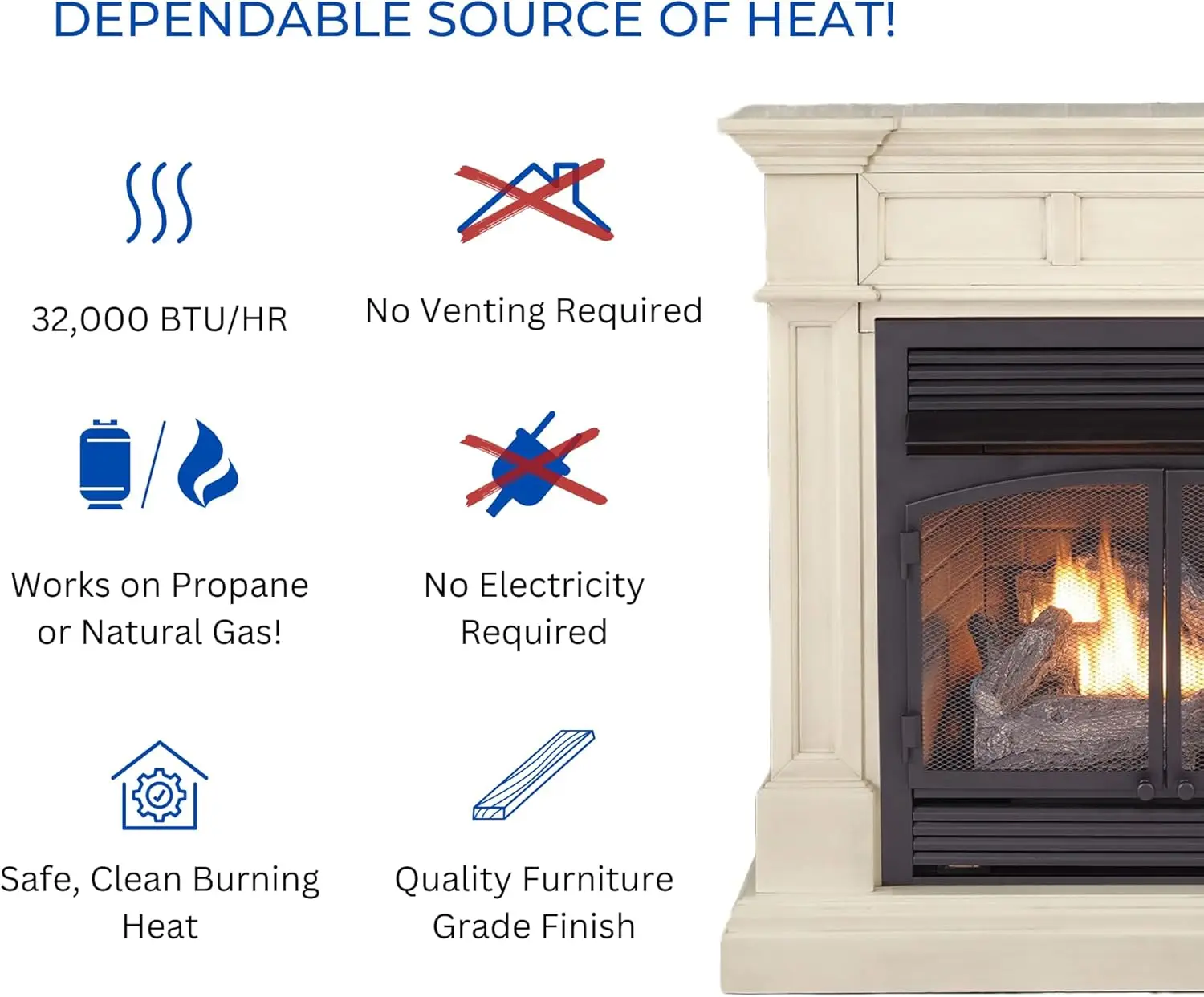 Dual Fuel Ventless Gas Fireplace System Mantle Thermostat Control6Fire Logs Use with Natural Gas or Liquid Propane Antique White 3