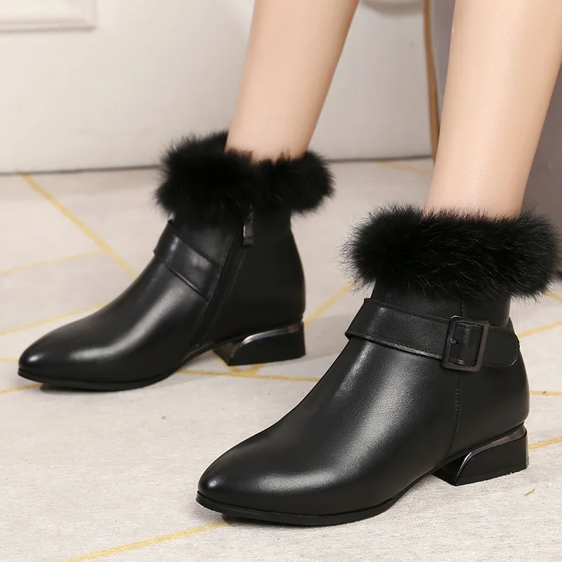 

GKTINOO Women Snow Boots Pointed Toe Fur Genuine Leather Ankle Boots Winter Comfortable High Heels Boots Women Shoes