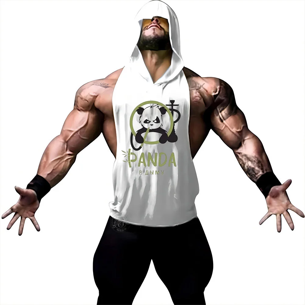 

Men's hooded vest Gym sports outdoor indoor solid color printed Panda sleeveless quick drying new style adult four seasons