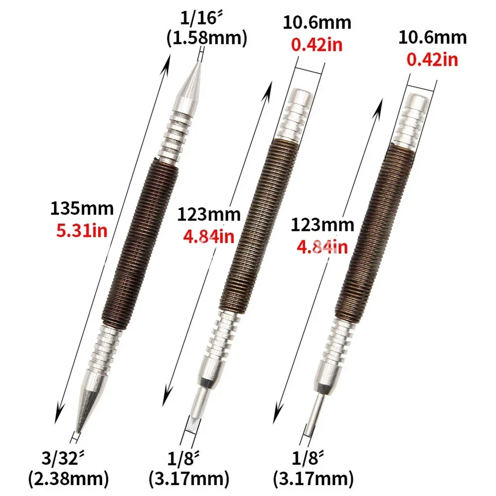 Spring Tool Center Pin Punch Spring Loaded Marking Woodwork 1/8 3/32 Inch Double-headed Nails For Punching Holes 3PCS
