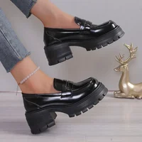 Shoes Female 2024 Fashion Slip-on Women's Loafers Sponge Bottom Autumn Mary Janes Round Toe Patent Leather Platform Shoes Ladies 1