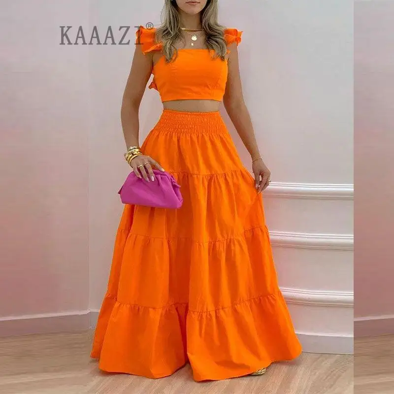 

KAAAZI Straps Slip Top Sleeveless Casual New Elegant Women Backless Suit A-line Elastic Waist Long Skirt Fashion Two Piece Set