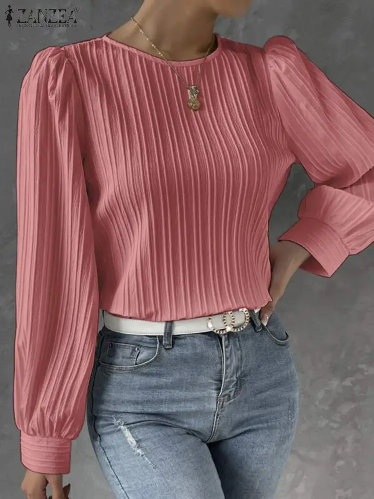 

ZANZEA Women Texture Fabric Blouse 2024 Spring Shirts Fashion Long Puff Sleeve Solid Round Neck Tops Tunics Casual Loose Blusas