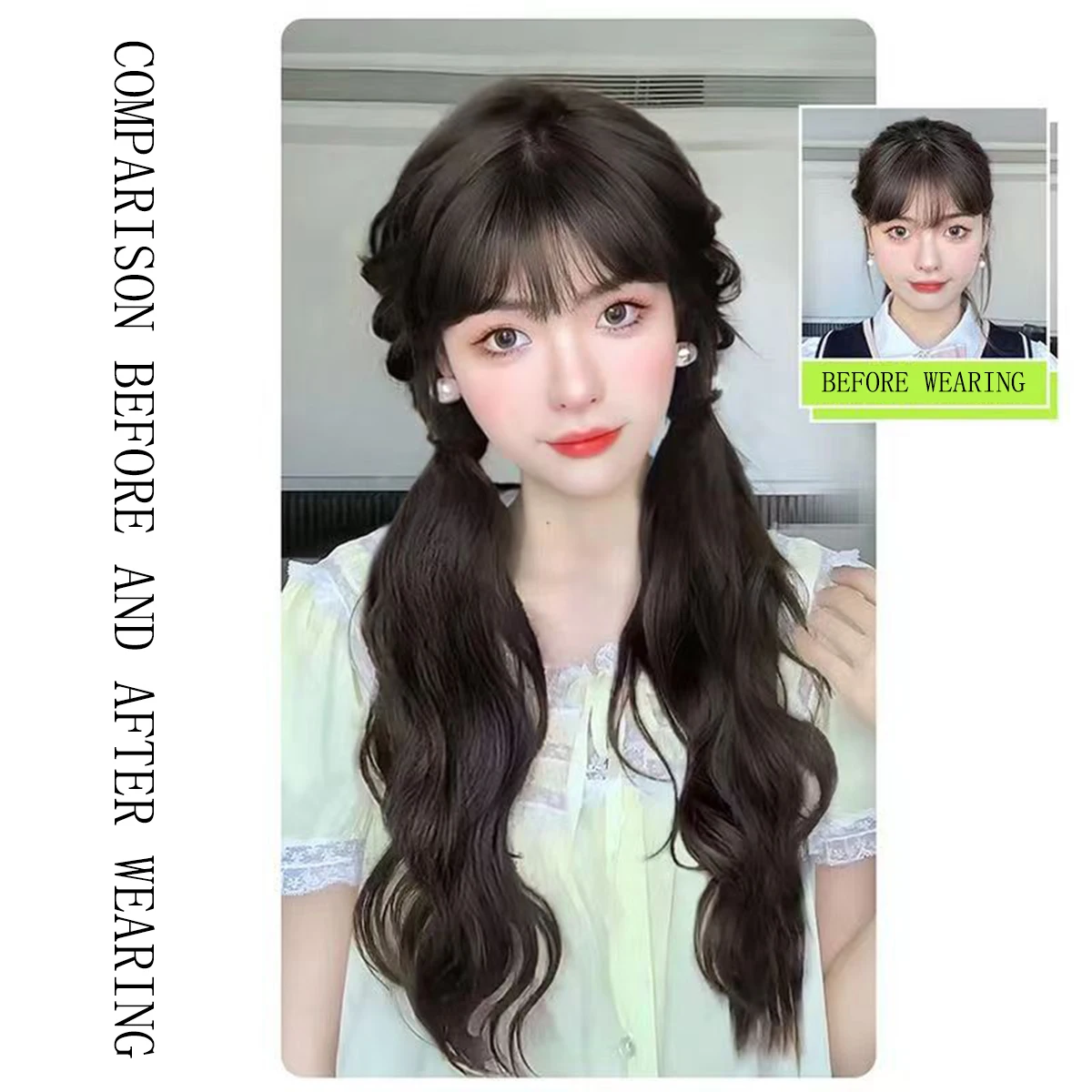 Synthetic Rubber Band Ponytail Sweet Woman Black Slightly Curly Ponytail Extension Long Heat-resistant Wig