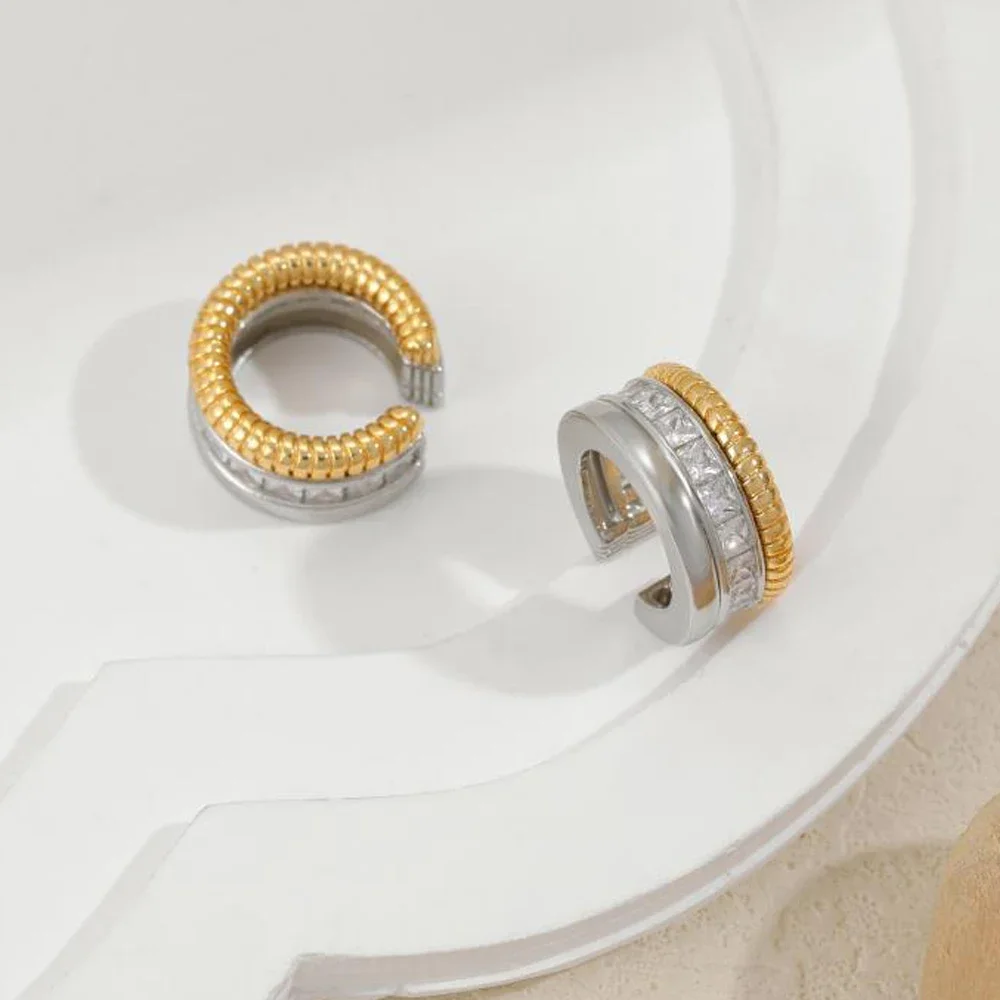 Gothic Double Mix Color Twisted C Shape Earclip Earrings for Women Grils Non Perforate Square Zircon Earclips Punk Jewellery New