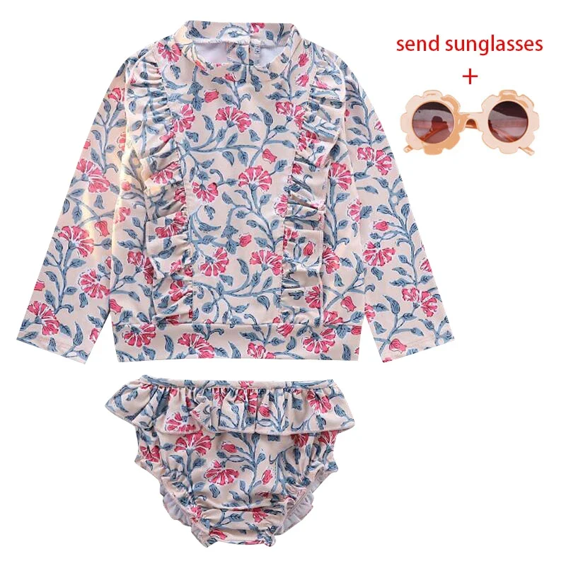 

Floral Print Children Toddler's Rash Guard Swimwear and Sswimming Trunks Kids Bikini Long Sleeve Baby Girls Swimsuit